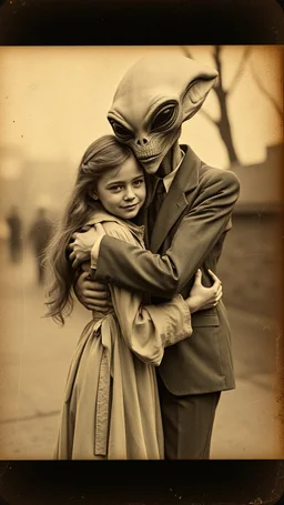 An old picture style of white and brown and very bad quality old Kodak camera with cracks of a beautiful girl hugging an Alien who is wearing a suit, the year 1900