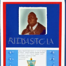 full view of a realistic, USA government-issued card with photo of person, blue color palette, transparent background.