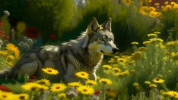 Among the flowers, a wolf seeks shade in the sun