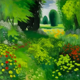 A lime green park filled with flowers painted by Claude Monet