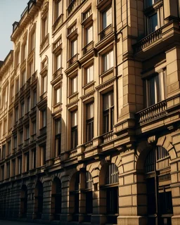 facade of huge building in the city, close-up, real photography, photojournalism, 16K, shot with Leica camera, 35 mm lens, warm light between shadows