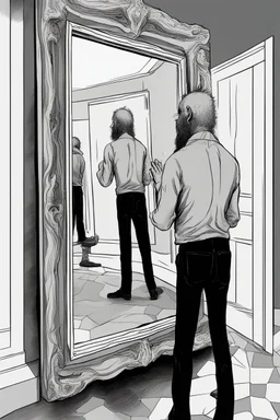 a man looking into a mirror and seeing a horrifying, abstract monstrous reflection