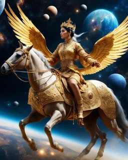 Realistic photography from far , front view of a beautiful female angel with dressed in traditional Javanese clothing riding a golden horse-drawn carriage, flying in space, a galaxy surrounded by planets