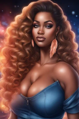 create an airbrush illustration of a curvy black female wearing Tight blue jeans and a peach off the shoulder blouse. Prominent make up with long lashes and hazel eyes. She is wearing brown feather earrings. Highly detailed long black shiny wavy hair that's flowing to the side. Background of a night club.