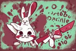 Cute rabbit diabolical smiling with a bloody knife with blood. Comic style