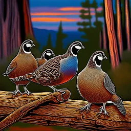 : A family of California quail (Callipepla californica) is out walking near an old log set against a colorful sky with clouds. The nature scene shows both the male and female both care for their offspring and takes place in nature with clean air, beautiful scrubs at the edge of a forest. Modifiers: elegant intricate beautiful award winning fantastic view ultra detailed Robert Bateman Carl Brenders Flo 'n Images Nancy Kaestner Hendry