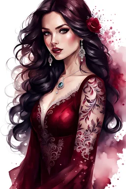 watercolor beautiful young woman in a burgundy dress with lace with a ruby ring in a burgundy dress, on a white background, sleeve with lace, long black wavy hair, tattoos, well-drawn eyes, five fingers on the hand, Trending on Artstation, {creative commons}, fanart, AIart, {Woolitize}, by Charlie Bowater, Illustration, Color Grading, Filmic, Nikon D750, Brenizer Method, Side-View, Perspective, Depth of Field, Field of View, F/2.8, Lens Flare, Tonal Colors, 8K, Full-HD, Pr