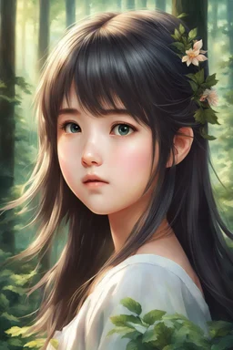 a painting of a young girl in a forest, realistic cute girl painting, realistic anime art style, anime painting, realistic anime artstyle, portrait anime girl, realistic anime 3 d style, beautiful anime portrait, realistic anime style at pixiv, detailed portrait of anime girl, kawaii realistic portrait, cgsociety 9, cute anime girl portrait, stunning anime face portrait