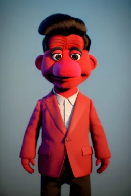 Waist up muppet Portrait, Kim Jong-un muppet doll, black suit, photo studio, red background, unreal engine 5, concept art, art station, ray tracing, lumen lighting, ultra detail, volumetric lighting, 3d.