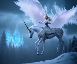 surreal illustration of a unicorn on frozen ground, realistic, surrealism, surreal unicorn with glowing wings, glowing soft and smooth wings, shadow, abstract surreal fantasy art, highly detailed, intricate patterns on wings, soft studio lighting, smooth dark blue background 64k