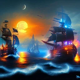 Fantasy pirates city, cove, dock, night, large,