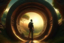 a man moving through a portal, photorealistic, Detailed Matte Painting, Deep Colour, Fantastical, Intricate Detail, sunshine