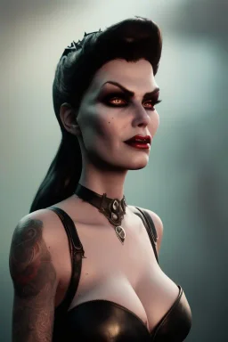 Amy Dumas as evil queen in black leather, leather, busty, cleavage, angry, rage, stern look. character design by cory loftis, fenghua zhong, ryohei hase, ismail inceoglu and ruan jia. unreal engine 5, artistic lighting, highly detailed, photorealistic, fantasy