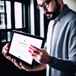 A picture of a person holding a tablet while looking at a choice.