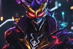 Shaco venom in 8k solo leveling shadow artstyle, machine them, mask, close picture, rain, neon lights, intricate details, highly detailed, high details, detailed portrait, masterpiece,ultra detailed, ultra quality