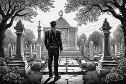 Man standing a front of his mom grave in Cemetery in 8k tattoo drawing style, out of the Frame, intricate details, highly detailed, high details, detailed portrait, masterpiece,ultra detailed, ultra quality