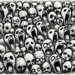 sketch line, rought, of faces on a pages, screaming and sad, demented, mad, journal