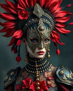 Voidcore shamanism woman portrait adorned with voidcore samanism red and black gladiolus headdress wearing metallic irridescent bioluminescense red and vantablack decadent filigree Golden floral embossed gladiolus dress armour ribbed with mineral stones wearing half face metallic rococo masque organic bio spinal ribbed detail of transculent metric pearl shell colour petals glittering Extremel detailed hyperrealistic maximálist concept portrait art