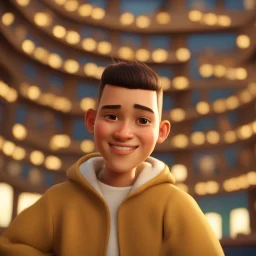 a portrait of smiling young western man. caricature. black hair. short buzz cut hair style. light skin. dark eye pupils. small eyes. small round chubby face shape. a bit small goatee, without moustache. white sweatshirt. pixar style. 3D. 4k. portrait. highly detailed. sharp focus. high resolution. full color. cinema lighting