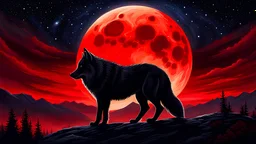 A_lone_wolf_silhouetted_against_a_blood-red_moon_howls_at_the_starry_sky, its fur bristling and its eyes reflecting the celestial fire. Capture the raw power and primal beauty of this moment in a masterpiece oil painting style. (Nature, evocative)