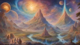 Esoteric Cosmic Scene of Luminous Beings Traveling Through Space, Josephine Wall Style, Highly Colorful, Intricately Detailed, 8k Resolution, Hyper-Realistic