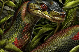 Hybrid 50% animal 50% plant: king cobra (Oipohagus hannah) x Jack-in-the-Pulpit (Arisaema triphyllum) Full width 16:9 close-up illustration filling the entire image width of a hybrid king cobra (Oipohagus hannah) x Jack-in-the-Pulpit (Arisaema triphyllum) creature against a lush forest background. The hybrid has a large, hooded flower with smooth, scaly, green-and-burgundy stripes that is simultaneously the head of a king cobra ready to strike. The upper part of the hood appears to have eyes, an