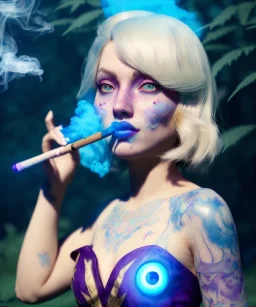 Ultra realistic wonderland photo, happy blonde woman smoking a shisha, blue dress, big purple-cat friend, circus dress style, old school tattoo, smoke, marijuana garden, glow eyes, perfect iris, soft color, highly detailed, unreal engine 5, cinematic, ultra detail, volumetric lighting, high definition.