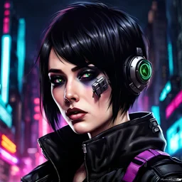 cyberpunk female scout, black jacket, black hair, pixie haircut, dark eyeshadow, dark eyeliner, hellscape background