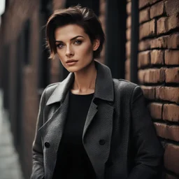 beautiful woman, 25 years old, with dark short hair, super fashionable haircut, gray eyes, facial skin with very noticeable unevenness and pores, face with wrinkles and unevenness, cinematic light makes wrinkles and pores on the face very noticeable, in a stylish jacket , standing against an old brick wall on the street during the day, fashion photography in the style of Peter Lindbergh