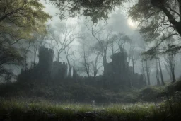 Overgrown castle ruins deep in a forest, dark fantasy, moonlight shafts, night time, fireflies