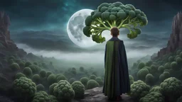 A moon that looks like a happy origin head fractal broccoli above a landscape, a kid in a ragged dress looks up in the distance, fog, and intricate background HDR, 8k, epic colors, fantasy surrealism, in the style of gothic, masterpiece
