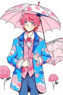 kind sailor, man, red slightly curly hair, long jacket, pink-azure clothes, pink-azure cocked hat, white floral pattern on the jacket, flower in the hair. Pink and blue umbrella.