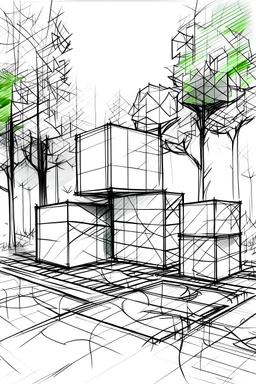 Metabolism, concept sketch LINES, CUBES, GREEN, BLACK AND WHITE, trees