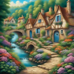 A charming country village tucked away amidst lush greenery and colorful blooms, with enchanting homes that seem to have sprung straight out of a fairytale. A meandering river flows through the picturesque landscape, adding a sense of tranquility to this whimsical scene. The vibrant vegetation surrounding the village paints a joyful tapestry, inviting you into a world of magic and wonder.