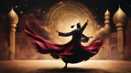 Hyper Realistic Sufi Whirling with Golden, Maroon & Black Islamic Sufi Rustic Grungy Background with Islamic Architecture at night with Whirling wind