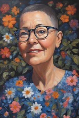 Oil paint on canvas, chiaroscuro, deep shadows, masterpiece, happy, 2020 caught off guard, 49-year-old Phyllis Kendall, short buzz-cut straight, dark salt and pepper hair, overweight, blue eyes, great big, round lensed eyeglasses, wearing a black, floral print, short-sleeved, pull-over shirt, dark blue sweatpants, sitting at the computer checking her emails