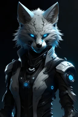 female anthropomorphic fox with scarred face, cyberpunk, white fur, blue eyes, black leather armor, dual dagger