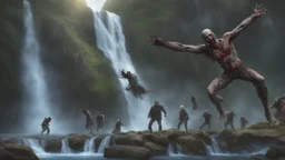 Zombies falling down a waterfall. fantasy setting, horror.