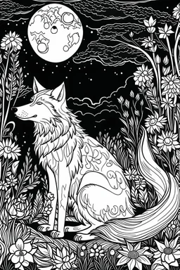 Outline art, wolf in the garden, cartoon style, black and white, low detail, no shading, --ar 9:11