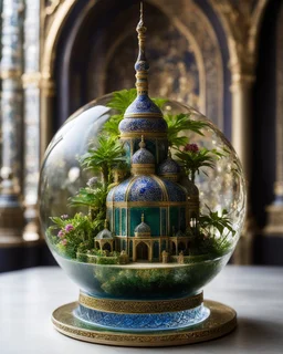 The miniatur islamic mosque in ball glass is an abstract concept that refers to a world made entirely of flowers or plants, often in a fantasy or mythical setting. The flower planet in this image appears to be a baroque world, with ornate spiral patterns and intricate designs.