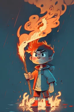 cartoon boy with fire stick, raining fire in the background