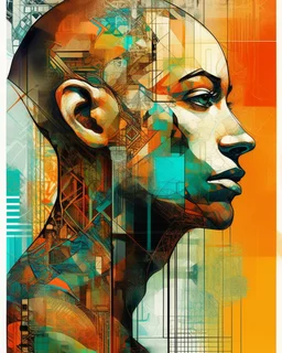 an extreme abstract acrylic and ink and battered paper photo collage poster of a heavily stylized cyberpunk man, an unexpected arafed improbability with a checkered juxtaposition, liminal space, tribal patterns, memories of negative space, amazing reflections, amazing curves, amazing transparency, split vibe, double exposure influence, heavy zigzag vibe, semi-side view, afrofuturism
