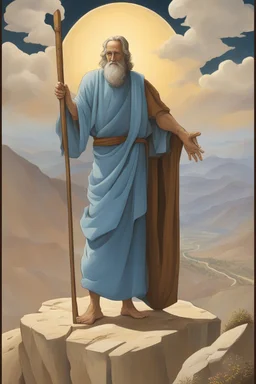 Moses stands on a mountain and holds a crooked wooden staff, at his feet are stone tablets on which the ten commandments of God are written, and below is a valley with the cities of Palestine where milk and honey flow. sand, palm and mountains. There is a silhouette of God in the sky. Everything is painted in oil painting with high-quality drawing of details