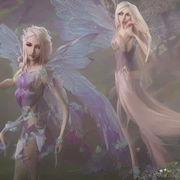 Fantasy fairy with wings, long blond platinum hair, crown, beautiful dress, flowers in background, blender 3D