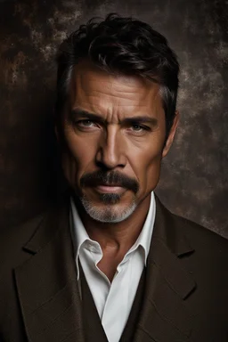 Portrait of a 50 year old Olive skinned handsome male with dark salt and pepper short hair and a goatee beard, smirking, dark fantasy