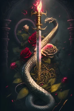 a sword and a snake coiling around the sword in the foreground. the sword is piercing through a burning heart. In the background, flowers. In a romance, dark fantasy, gothic style.