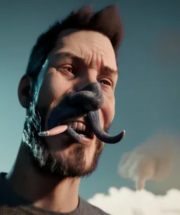 Realistic image, waist up view, a guy making the fuck you gesture with his hand, blue smoke coming out of his eyes, nose and mouth. Happy, smile, soft color, highly detailed, unreal engine 5, ray tracing, RTX, lumen lighting, ultra detail, volumetric lighting, 3d, finely drawn, high definition, high resolution.