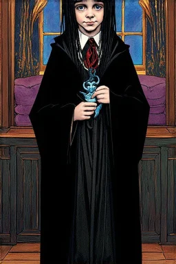 7 year old boy, necromancer, friendly,wearing black robes, with the lower body of a genie, in the style of Harry Clarke