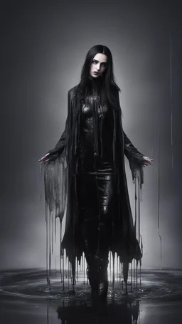 Full body and headshot of a young gothic woman dressed in clothing dripping like liquid, with no hat, with a multiverse background