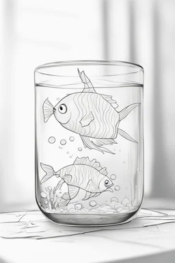 blank colouring book, white blank background, simple picture for toddlers, fish in a glass bowl, disney and pixar style